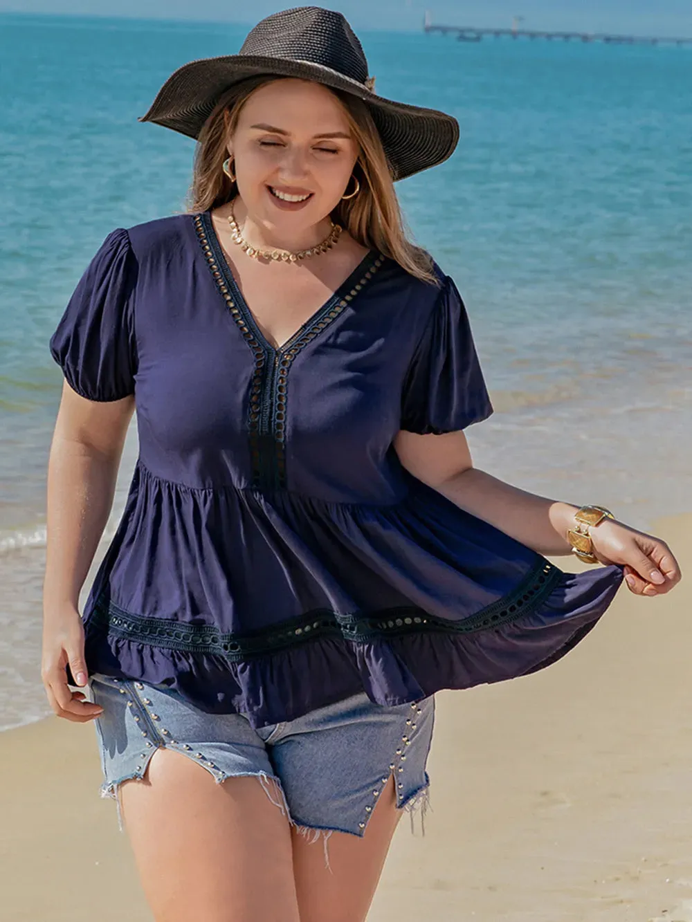 Plus Size Peplum V-Neck Short Sleeve Blouse sold by Gigi Laurent product image thumbnail 4