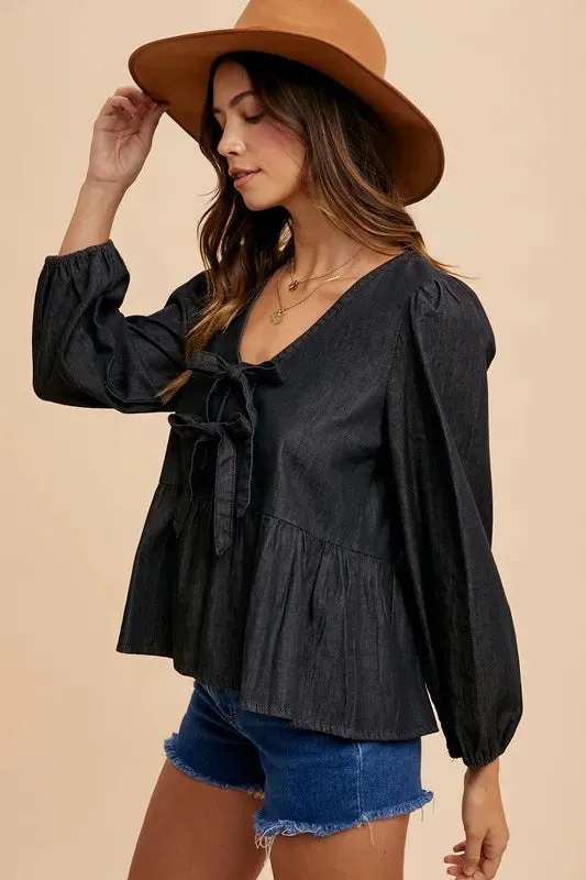 Annie Wear Tie Front Peplum Long Sleeve Denim Top sold by Gigi Laurent product image thumbnail 2