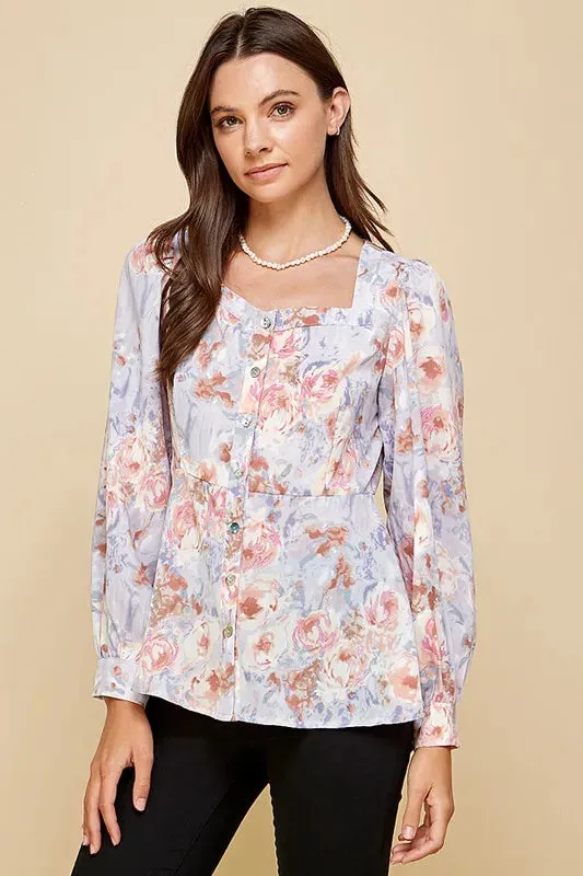 Lime 'N' Chili Floral Sweetheart Neckline Button Down Blouse sold by Gigi Laurent