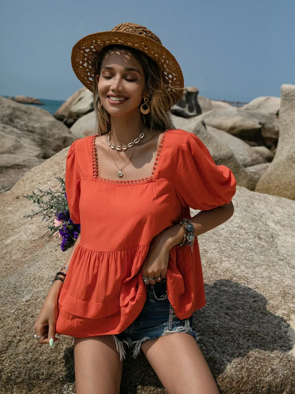 Peplum Square Neck Short Sleeve Blouse sold by Gigi Laurent product image thumbnail 4