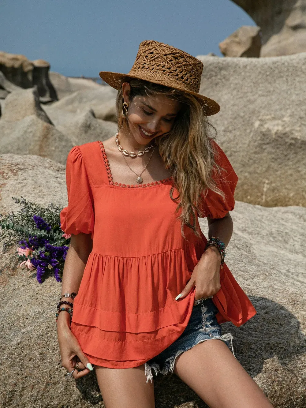 Peplum Square Neck Short Sleeve Blouse sold by Gigi Laurent product image thumbnail 3