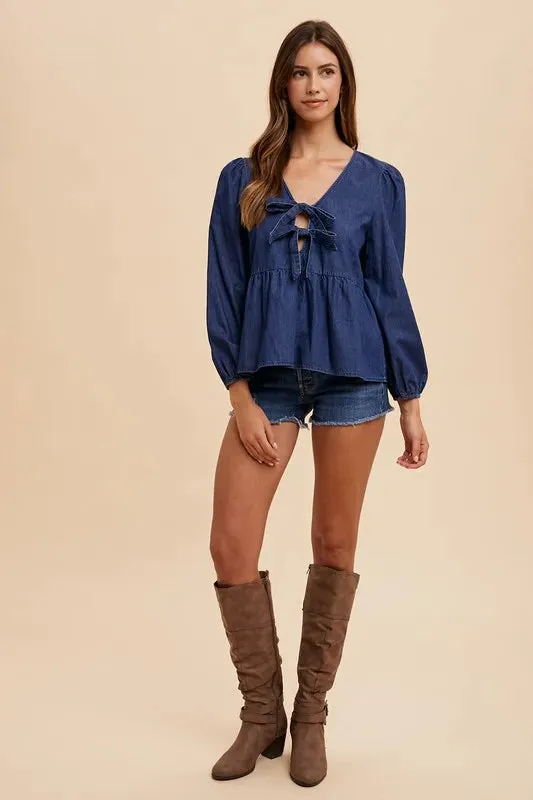 Annie Wear Tie Front Peplum Long Sleeve Denim Top sold by Gigi Laurent product image thumbnail 5