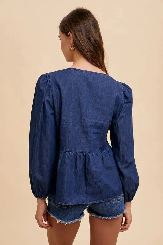 Annie Wear Tie Front Peplum Long Sleeve Denim Top sold by Gigi Laurent product image thumbnail 3
