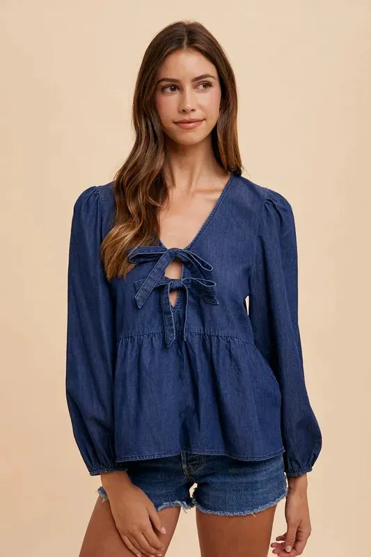 Annie Wear Tie Front Peplum Long Sleeve Denim Top sold by Gigi Laurent product image thumbnail 4