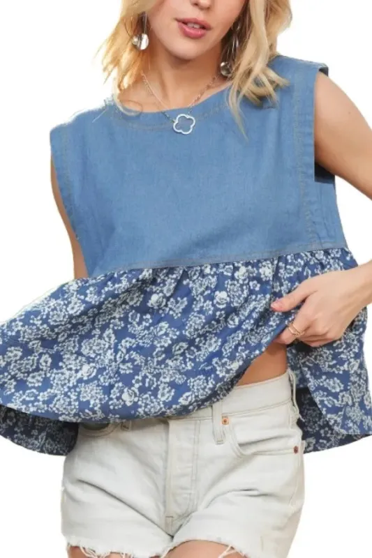 ADORA Sleeveless Denim Contrast Top sold by Gigi Laurent