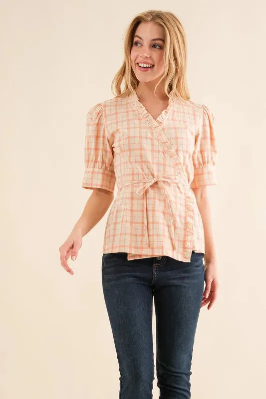 And The Why Plaid Patterned and Ruffled Wrap Blouse Top sold by Gigi Laurent product image thumbnail 4