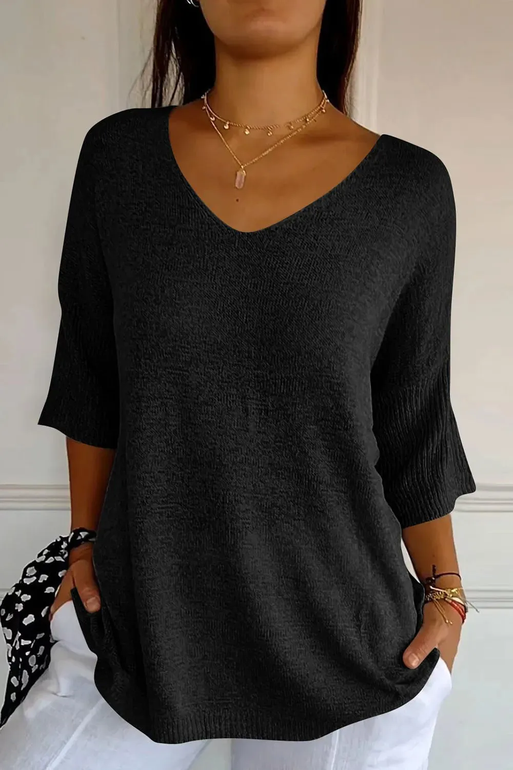 V-Neck Three-Quarter Sleeve Knit Top sold by Gigi Laurent