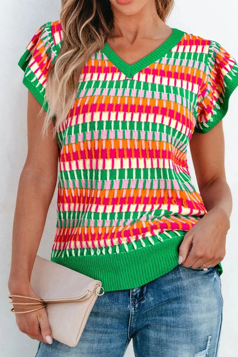 Contrast Striped V-Neck Knit Top sold by Gigi Laurent