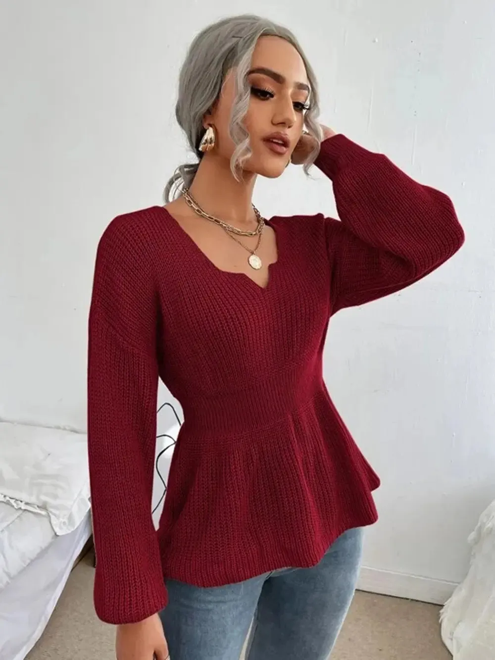 Notched Dropped Shoulder Knit Top sold by Gigi Laurent