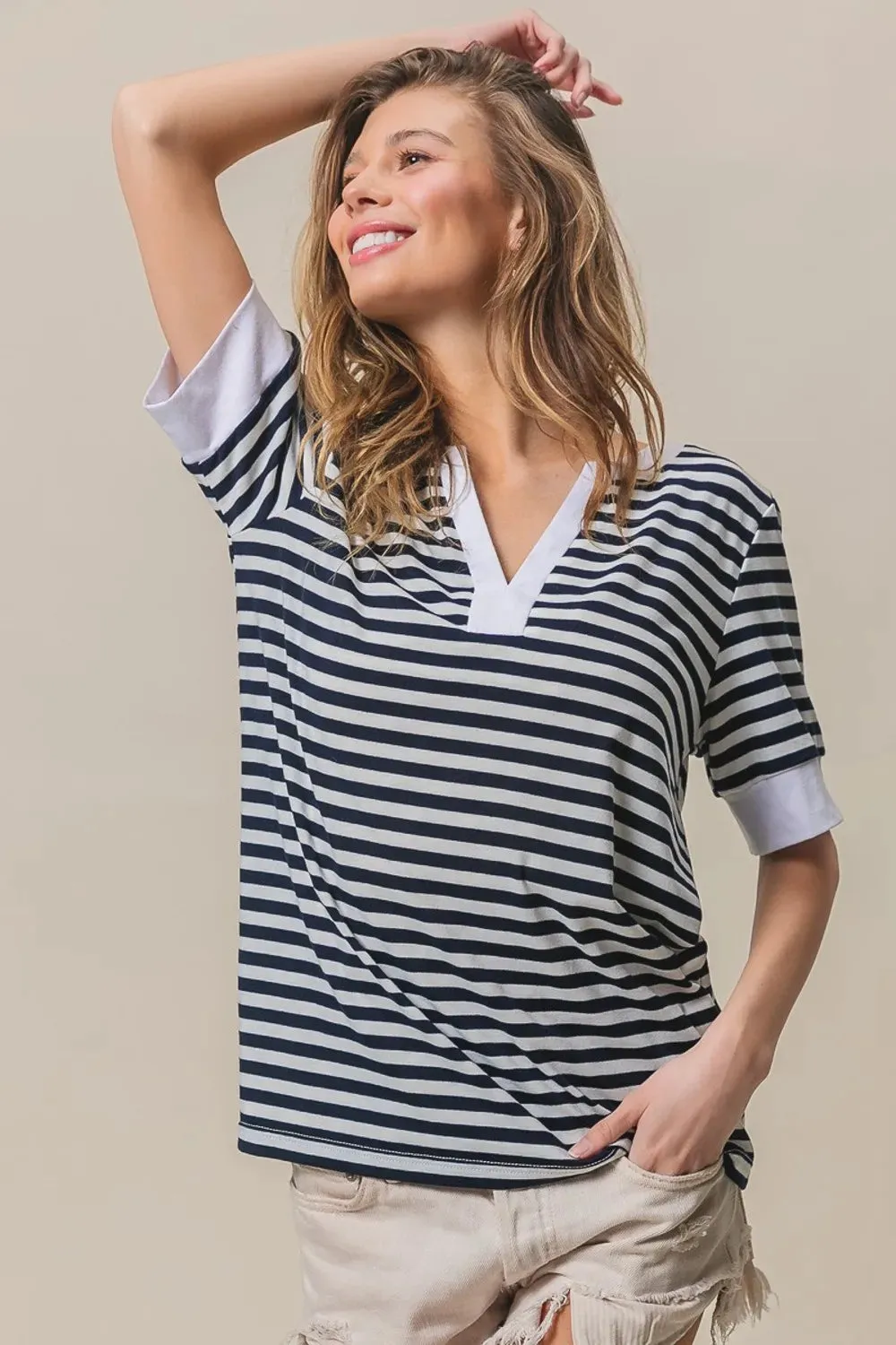 BiBi Contrast Striped Notched Knit Top sold by Gigi Laurent product image thumbnail 4