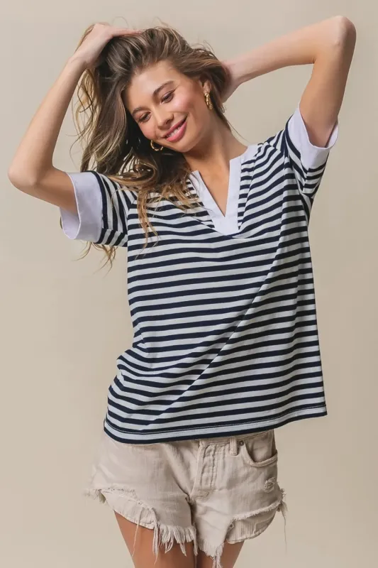 BiBi Contrast Striped Notched Knit Top sold by Gigi Laurent