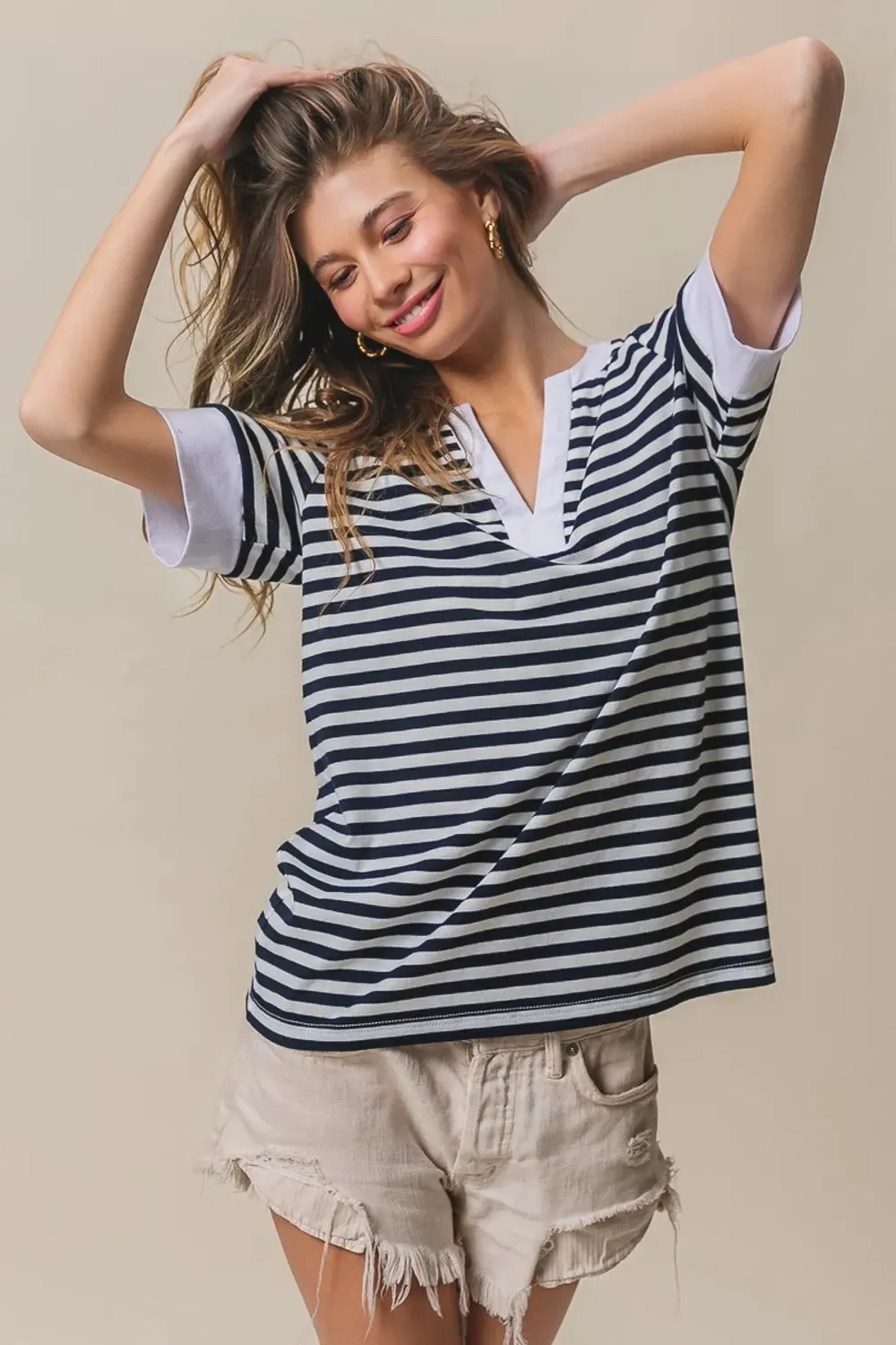BiBi Contrast Striped Notched Knit Top sold by Gigi Laurent