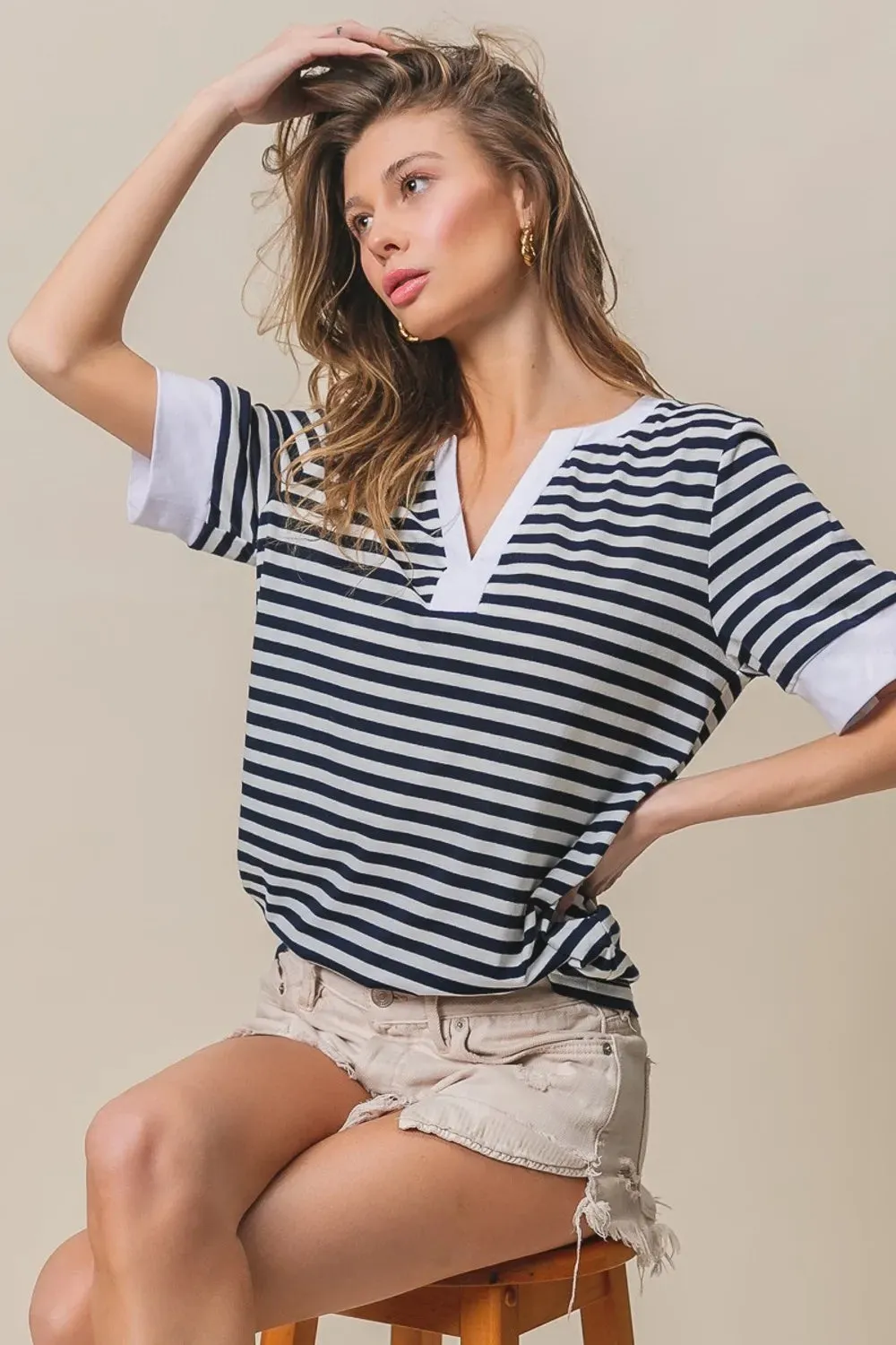 BiBi Contrast Striped Notched Knit Top sold by Gigi Laurent product image thumbnail 3
