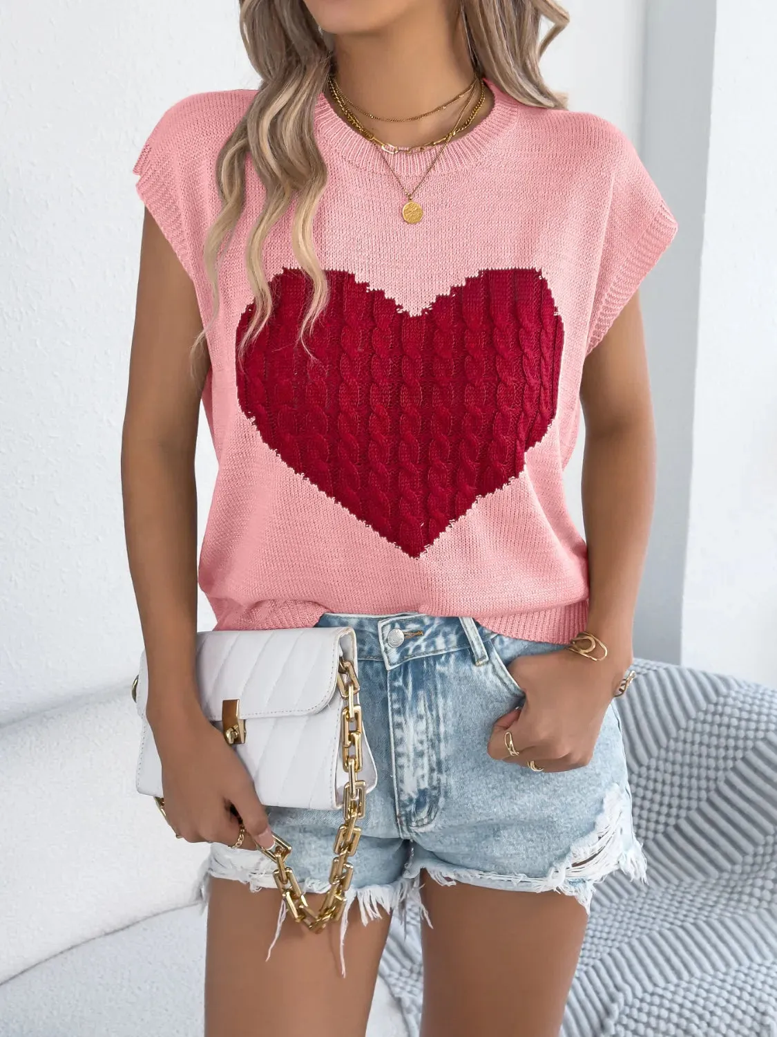 Cable Knit Heart Round Neck Cap Sleeve Knit Top sold by Gigi Laurent product image thumbnail 3