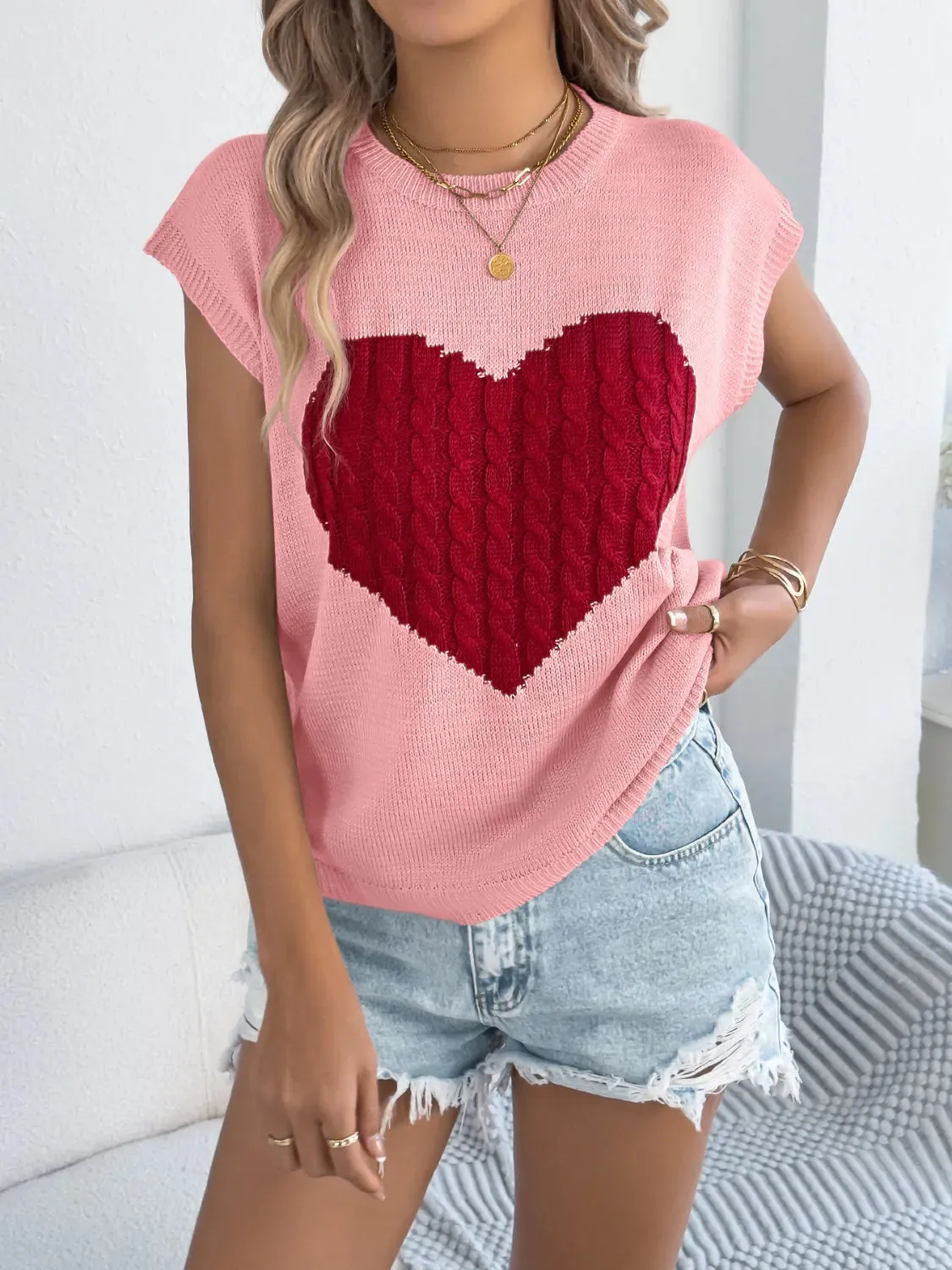 Cable Knit Heart Round Neck Cap Sleeve Knit Top sold by Gigi Laurent product image thumbnail 5