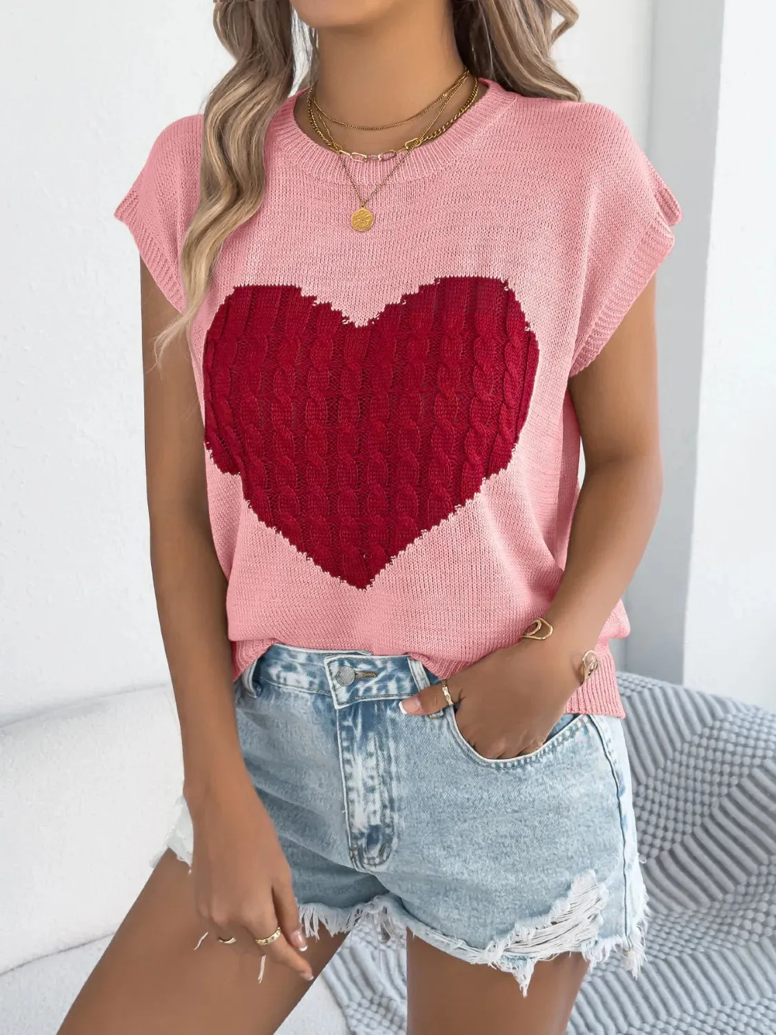 Cable Knit Heart Round Neck Cap Sleeve Knit Top sold by Gigi Laurent product image thumbnail 4