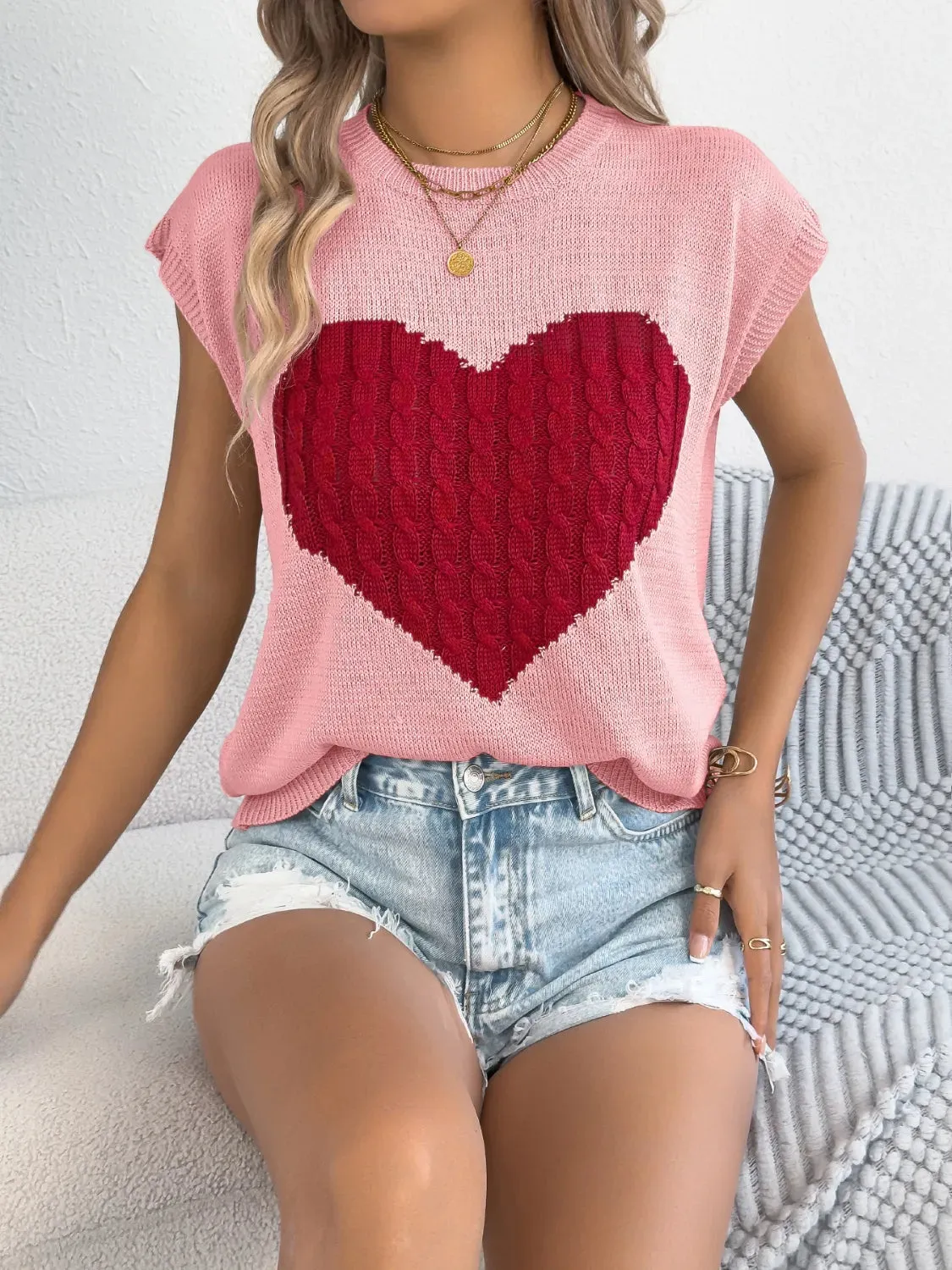 Cable Knit Heart Round Neck Cap Sleeve Knit Top sold by Gigi Laurent