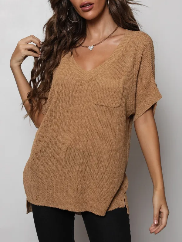 V-Neck Slit High-Low Knit Top sold by Gigi Laurent