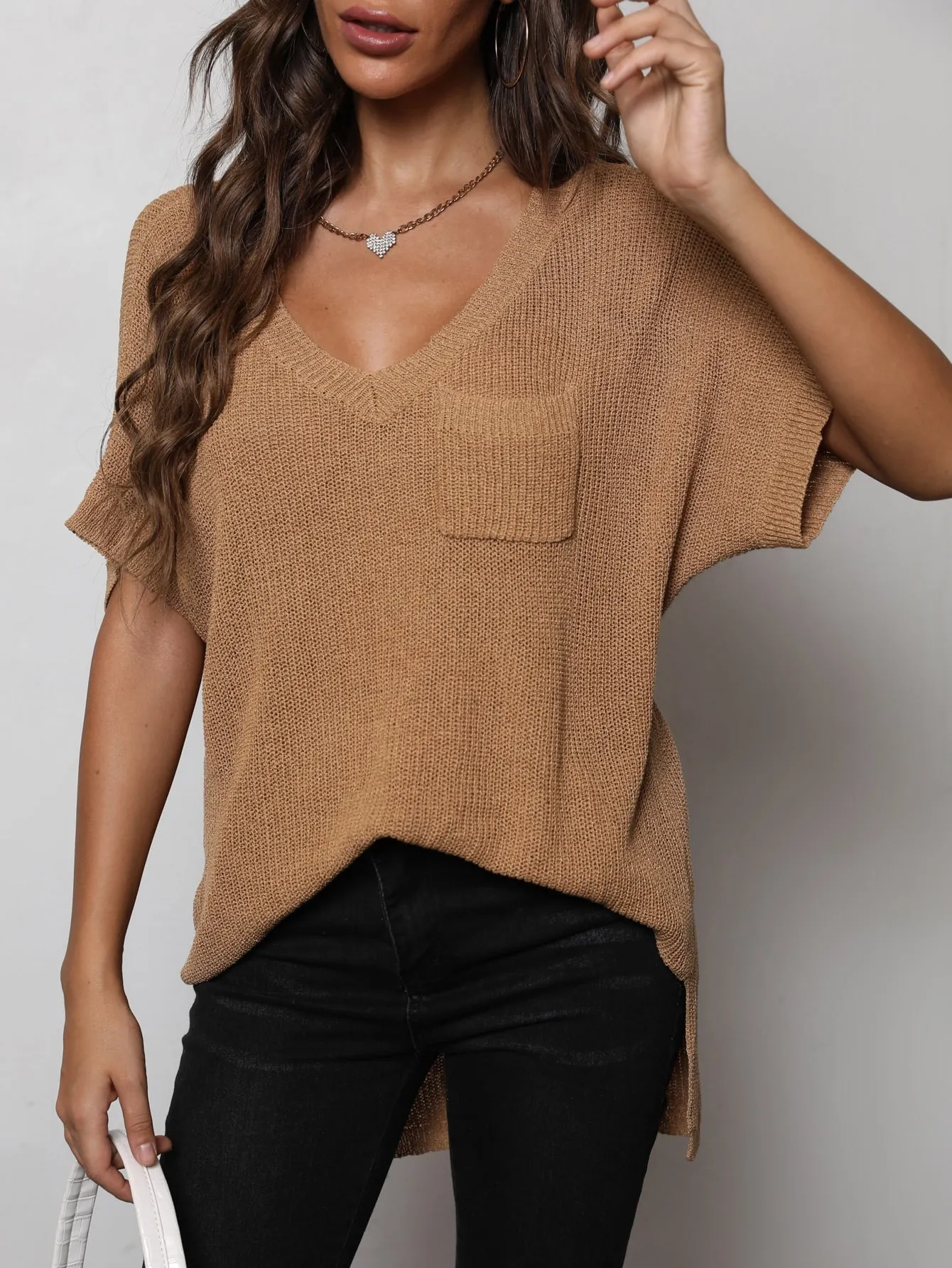 V-Neck Slit High-Low Knit Top sold by Gigi Laurent product image thumbnail 3