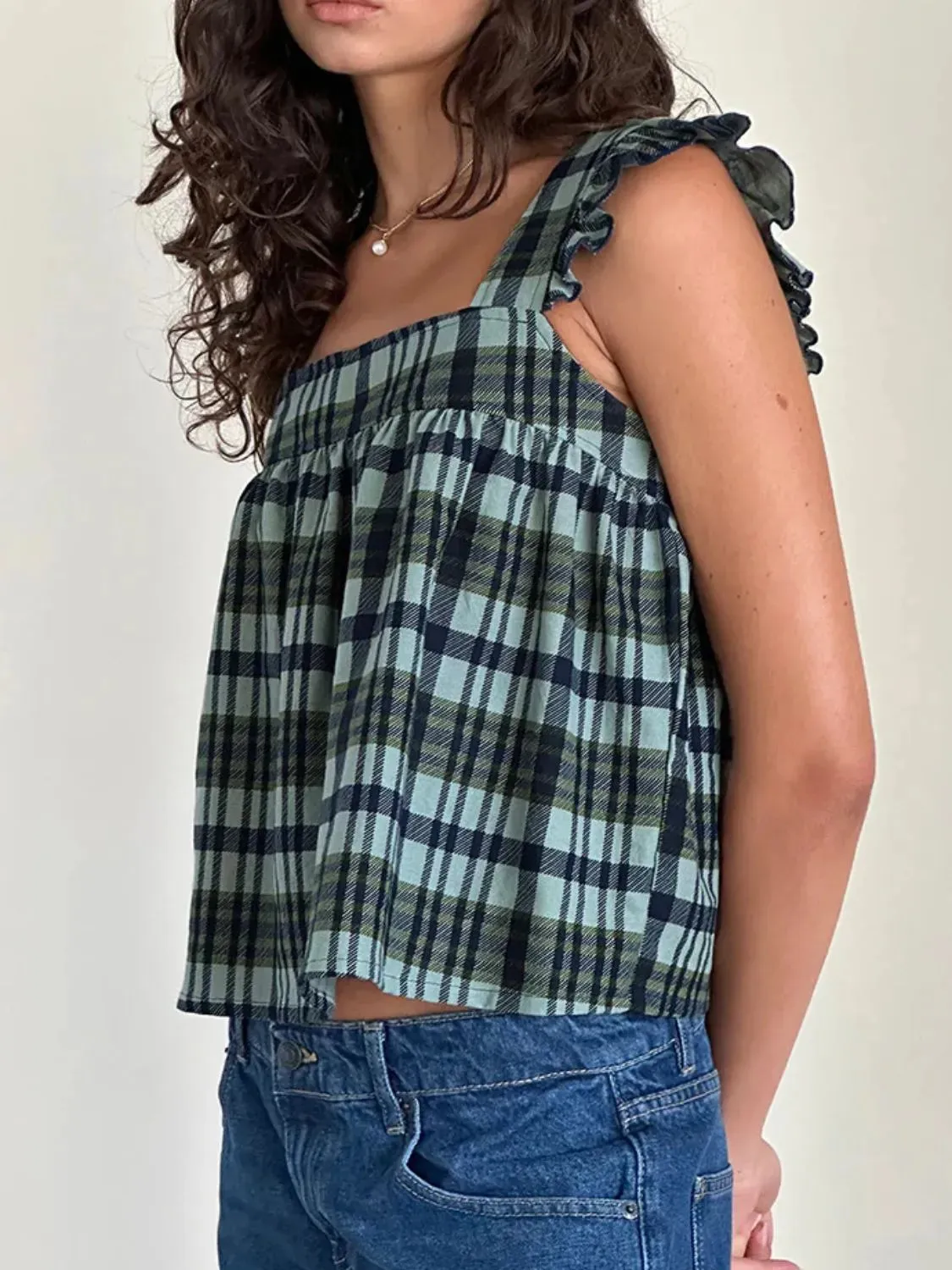 Ruffled Plaid Square Neck Tank sold by Gigi Laurent