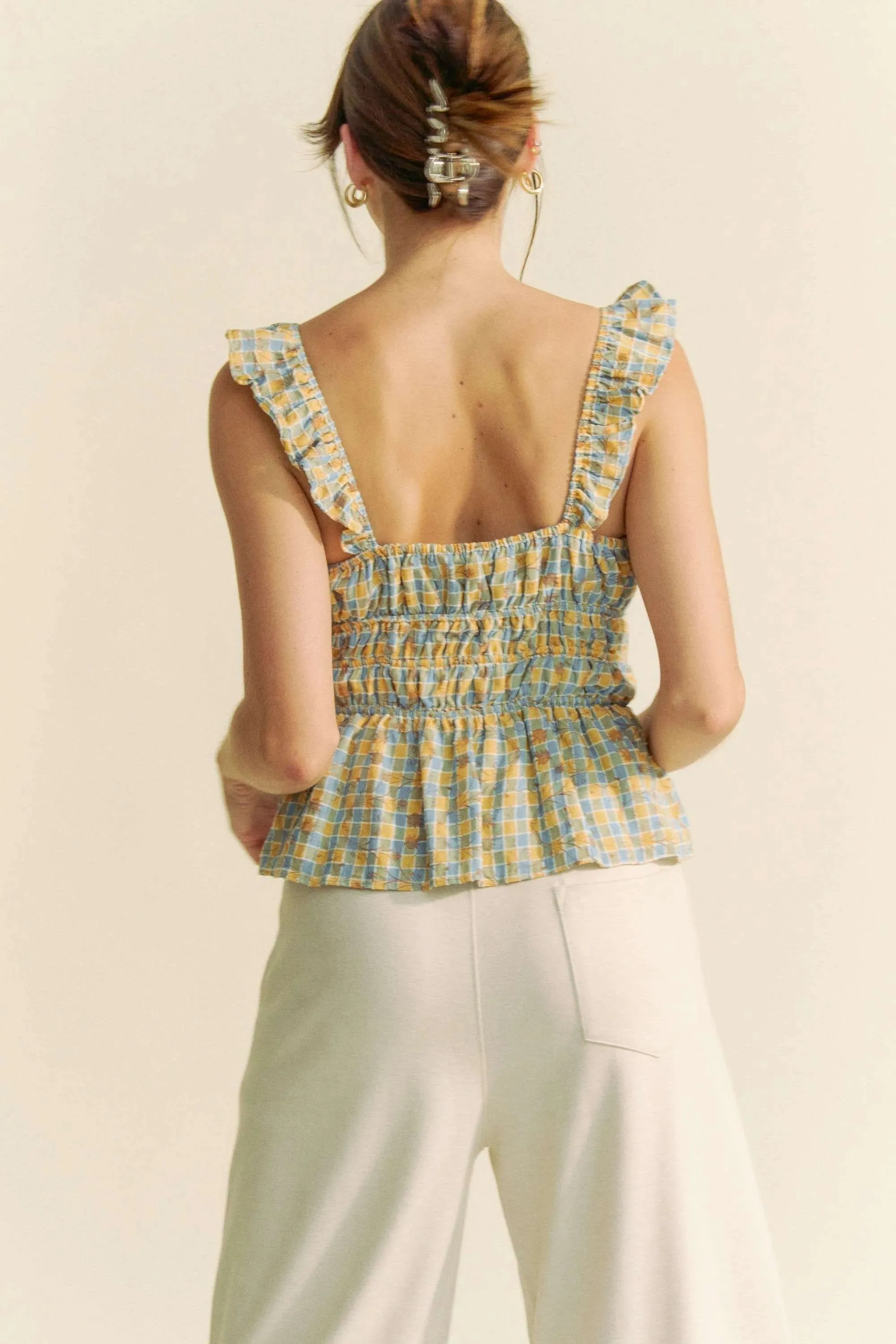 Davi & Dani Plaid Ruffled Strap Smocked Sleeveless Top sold by Gigi Laurent product image thumbnail 5