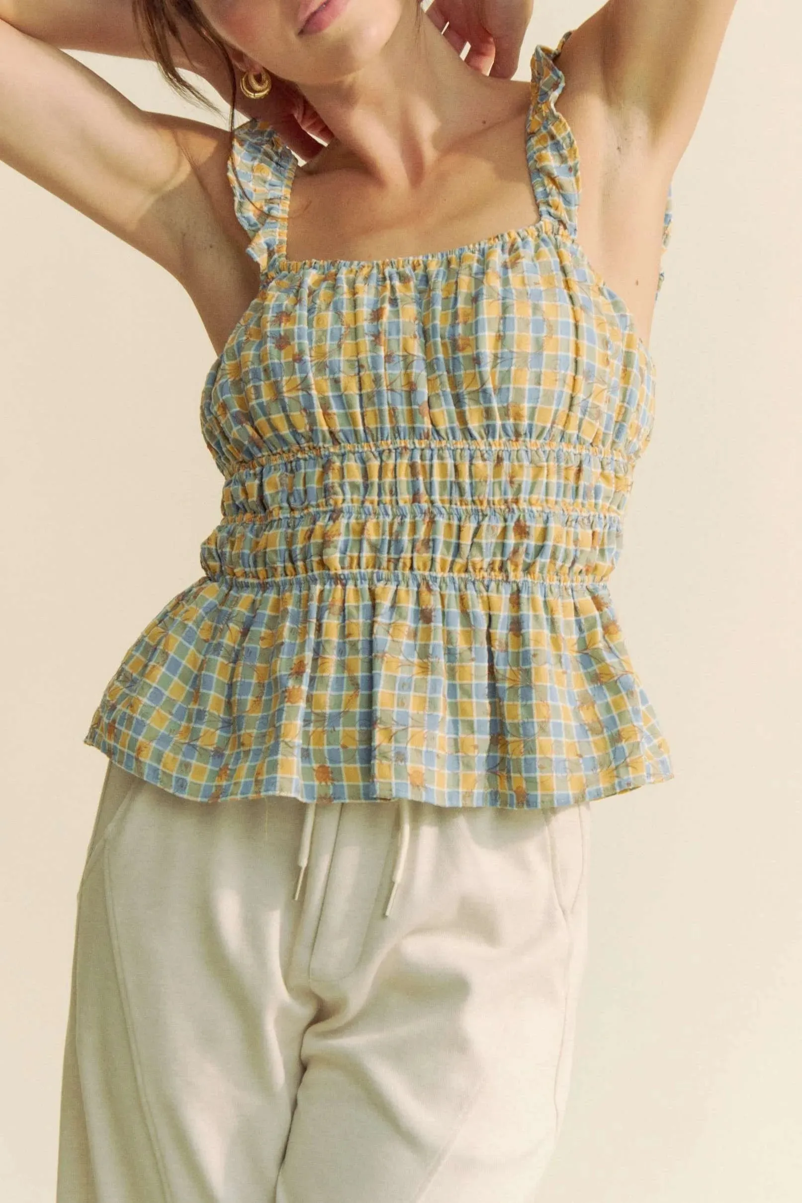 Davi & Dani Plaid Ruffled Strap Smocked Sleeveless Top sold by Gigi Laurent product image thumbnail 3