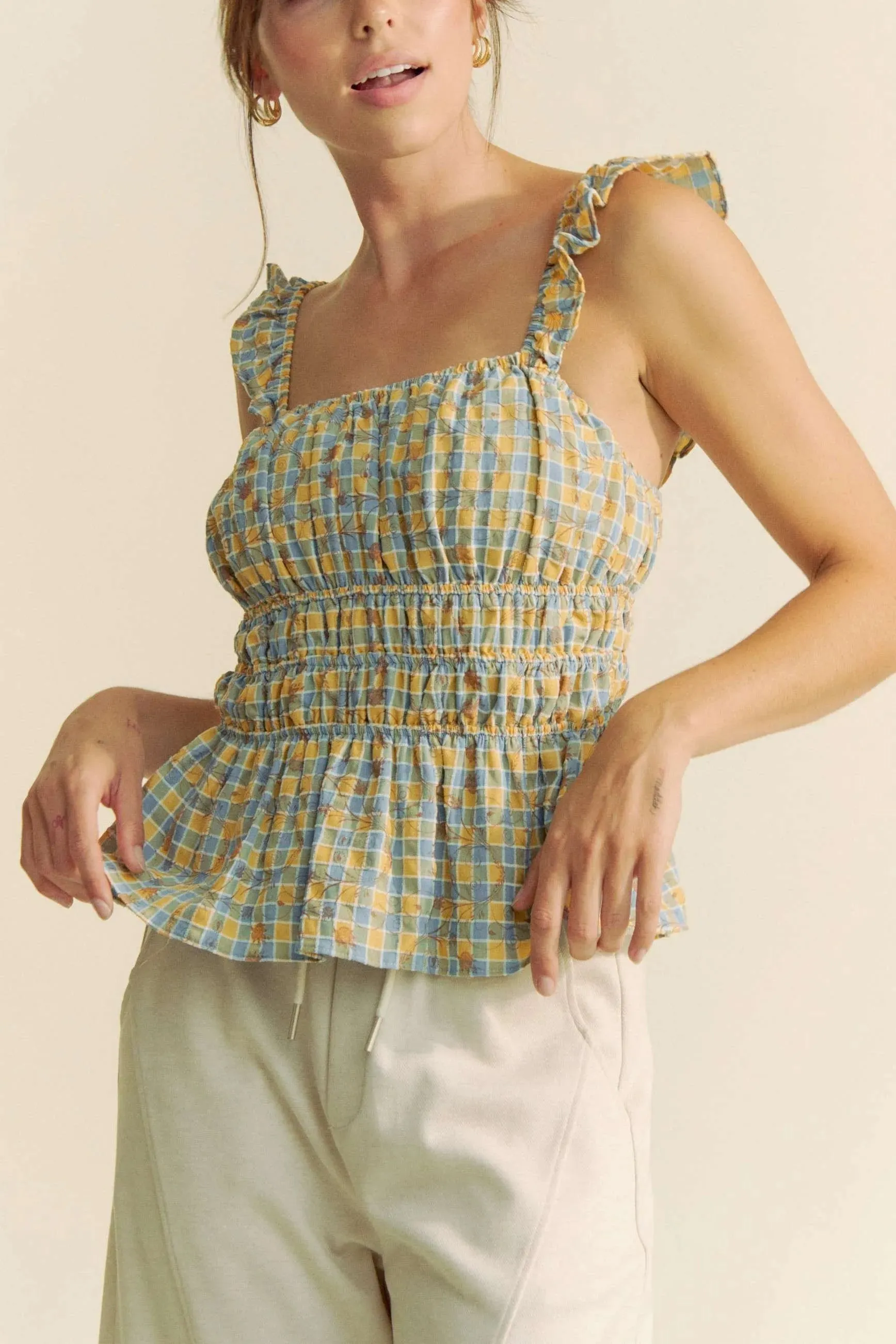 Davi & Dani Plaid Ruffled Strap Smocked Sleeveless Top sold by Gigi Laurent product image thumbnail 4