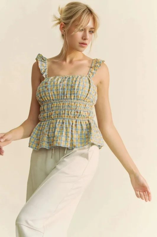 Davi & Dani Plaid Ruffled Strap Smocked Sleeveless Top made by Trendsi