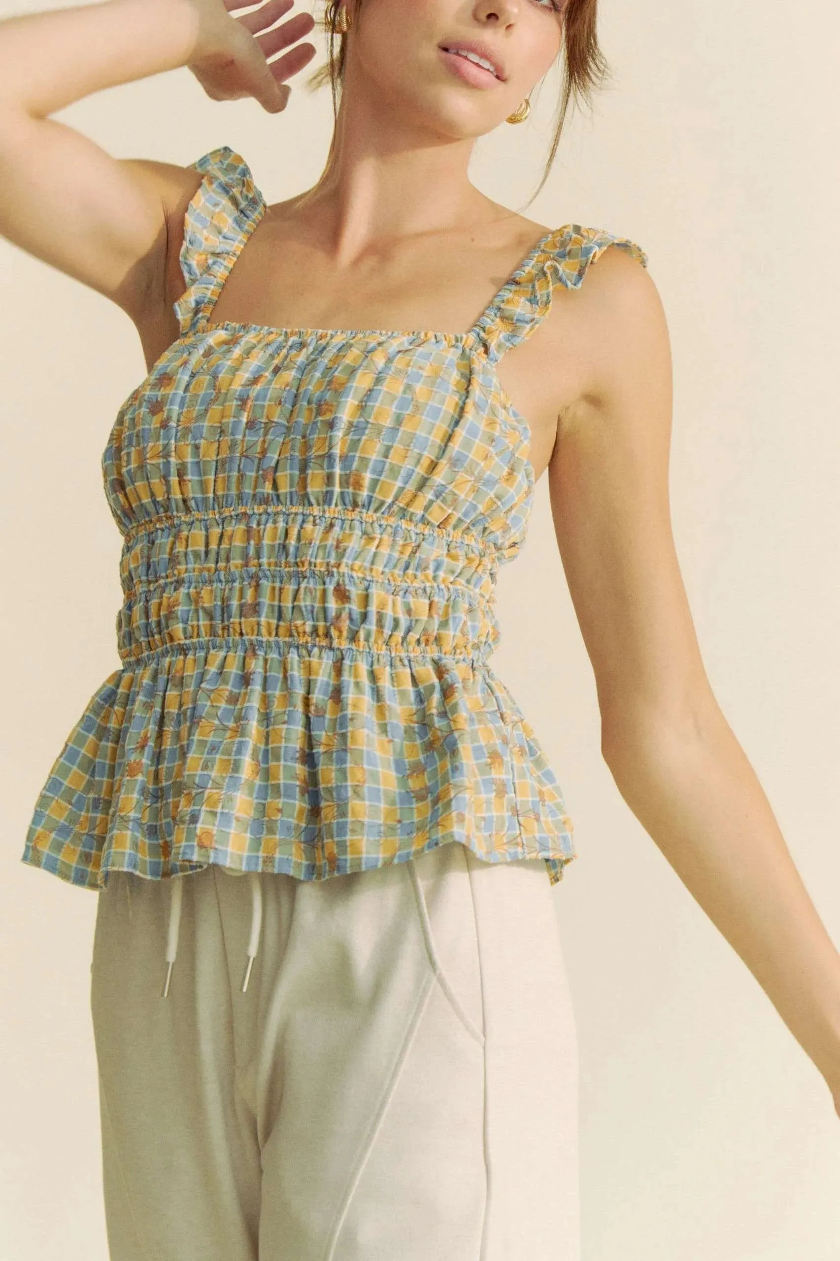 Davi & Dani Plaid Ruffled Strap Smocked Sleeveless Top sold by Gigi Laurent product image thumbnail 2