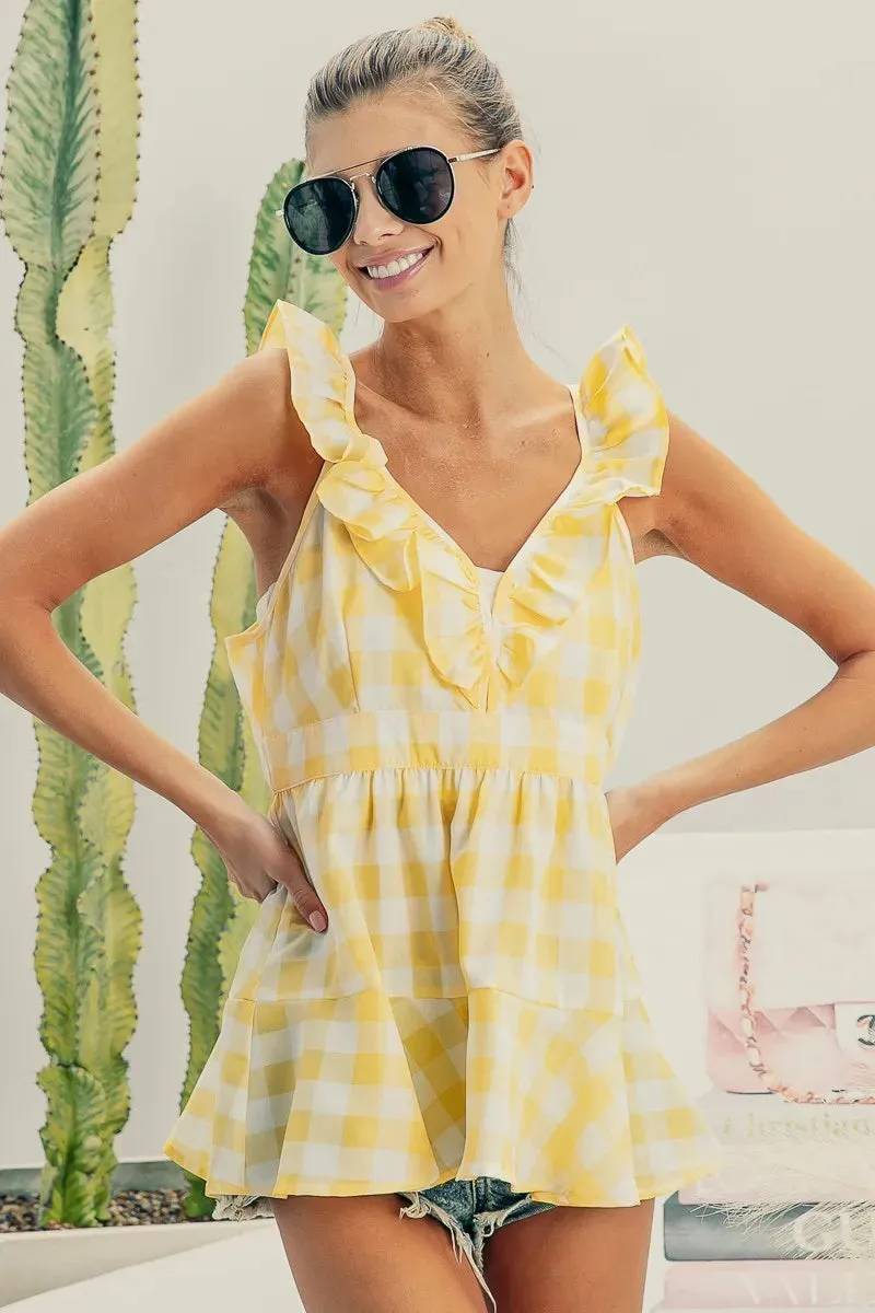 BiBi Ruffled Neckline Sleeveless Check Plaid Peplum Top sold by Gigi Laurent product image thumbnail 2