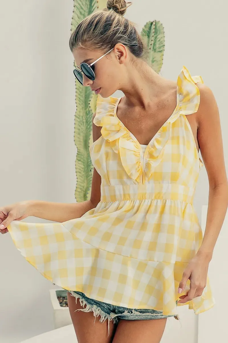 BiBi Ruffled Neckline Sleeveless Check Plaid Peplum Top sold by Gigi Laurent product image thumbnail 4