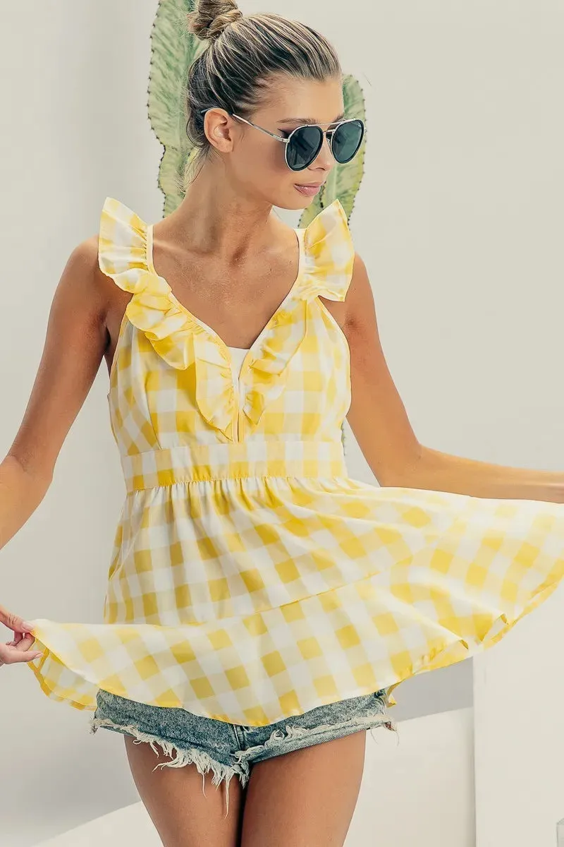 BiBi Ruffled Neckline Sleeveless Check Plaid Peplum Top sold by Gigi Laurent product image thumbnail 3
