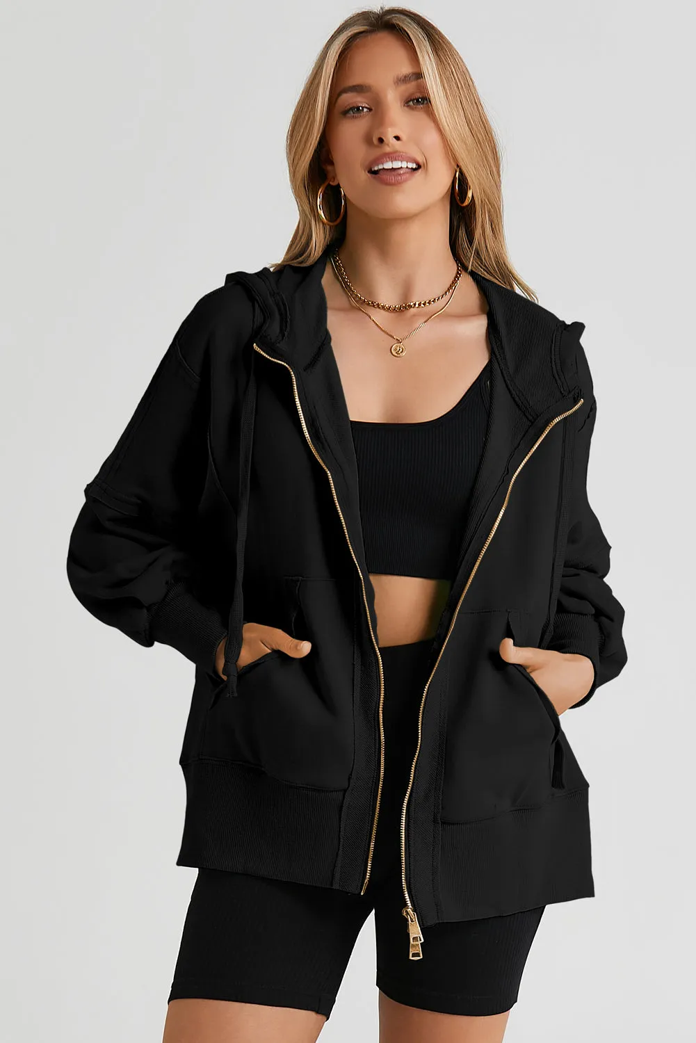 Zip Up Long Sleeve Drawstring Hoodie sold by Gigi Laurent
