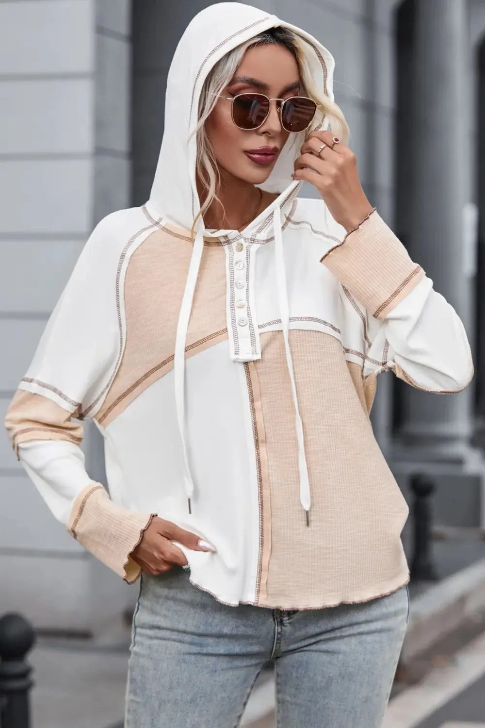 Multicolor Colorblock Ribbed Henley Hoodie sold by Gigi Laurent product image thumbnail 2