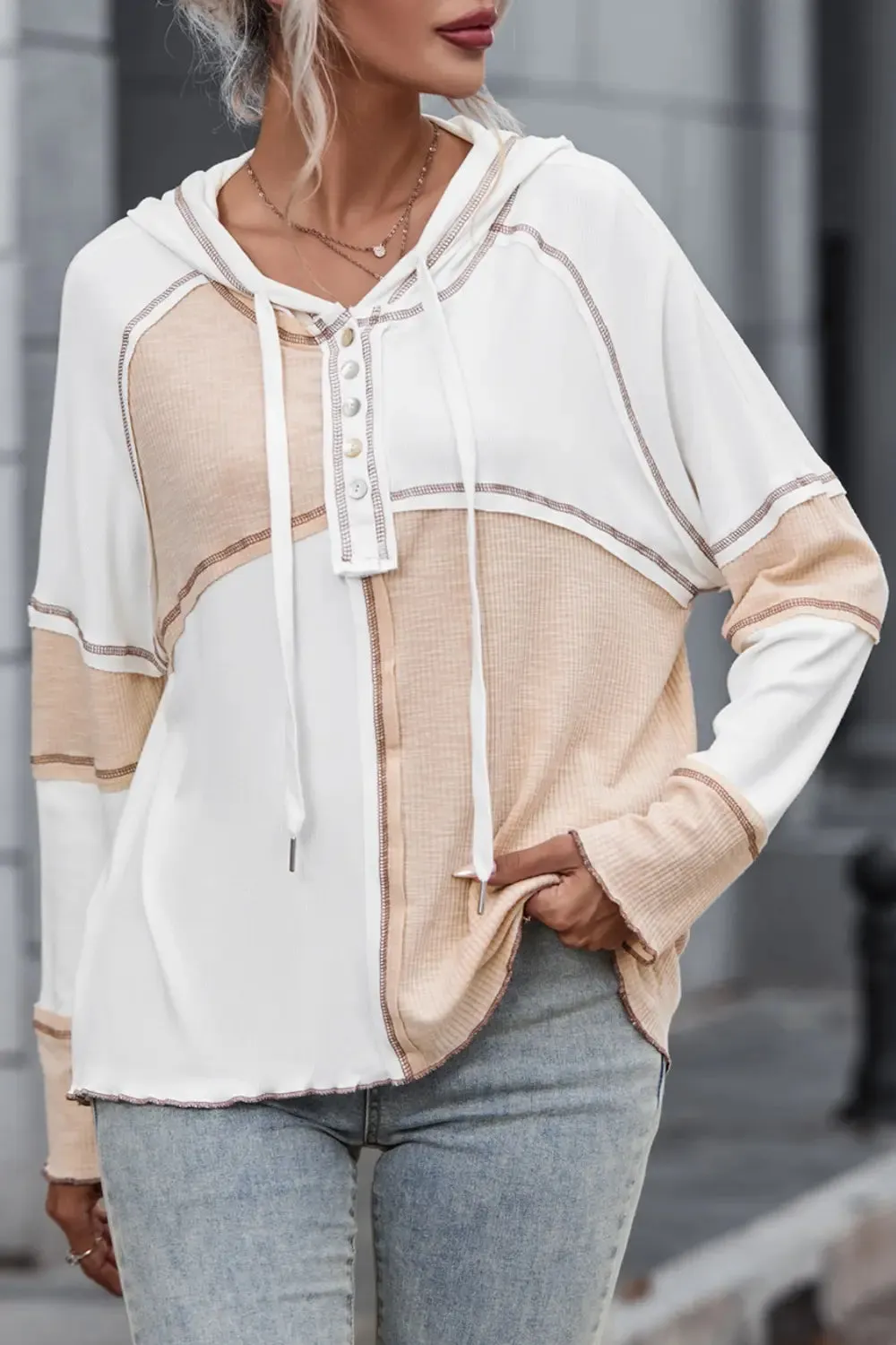 Multicolor Colorblock Ribbed Henley Hoodie sold by Gigi Laurent product image thumbnail 4