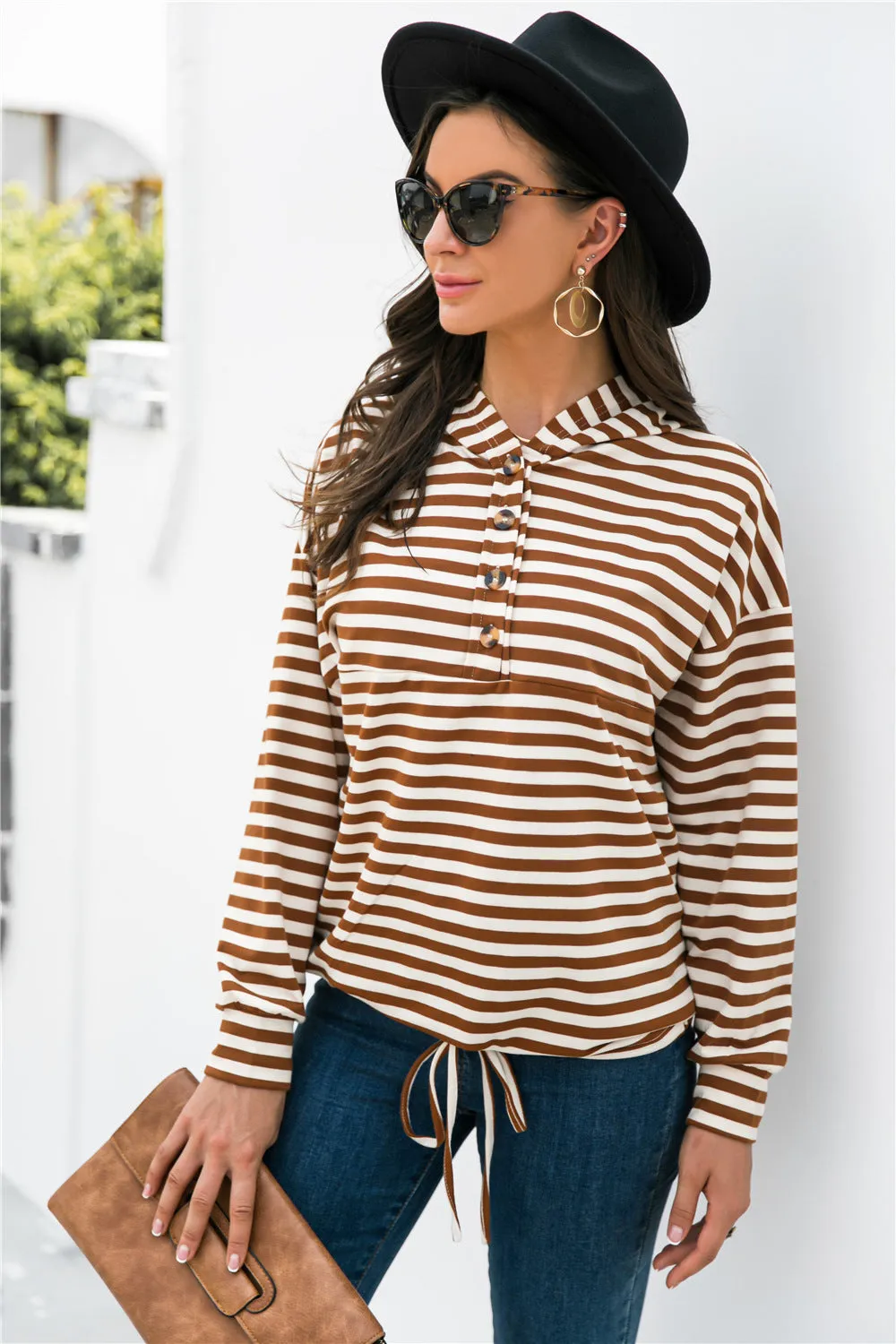 Striped Half-Button Dropped Shoulder Hoodie sold by Gigi Laurent product image thumbnail 3