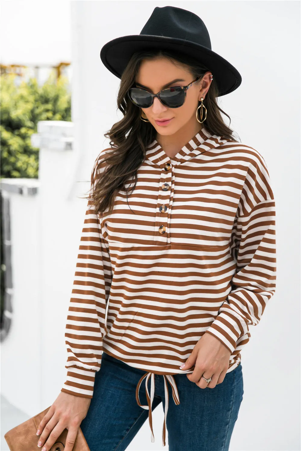 Striped Half-Button Dropped Shoulder Hoodie sold by Gigi Laurent product image thumbnail 5