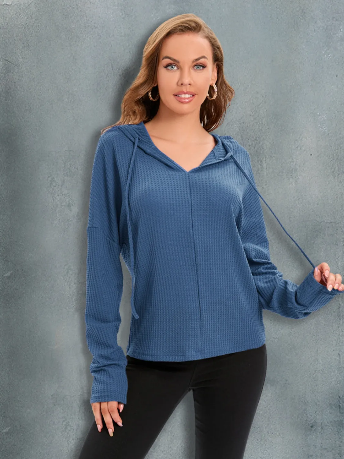 Waffle-Knit Drawstring Drop Shoulder Hoodie sold by Gigi Laurent product image thumbnail 4