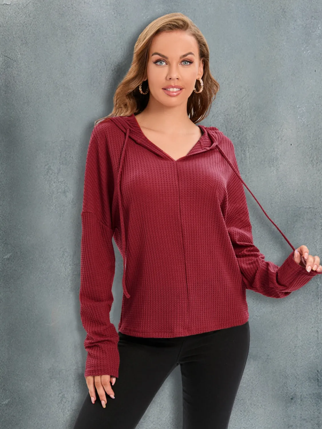 Waffle-Knit Drawstring Drop Shoulder Hoodie sold by Gigi Laurent product image thumbnail 3