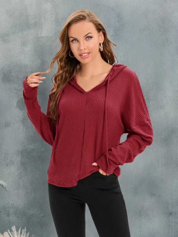 Waffle-Knit Drawstring Drop Shoulder Hoodie sold by Gigi Laurent