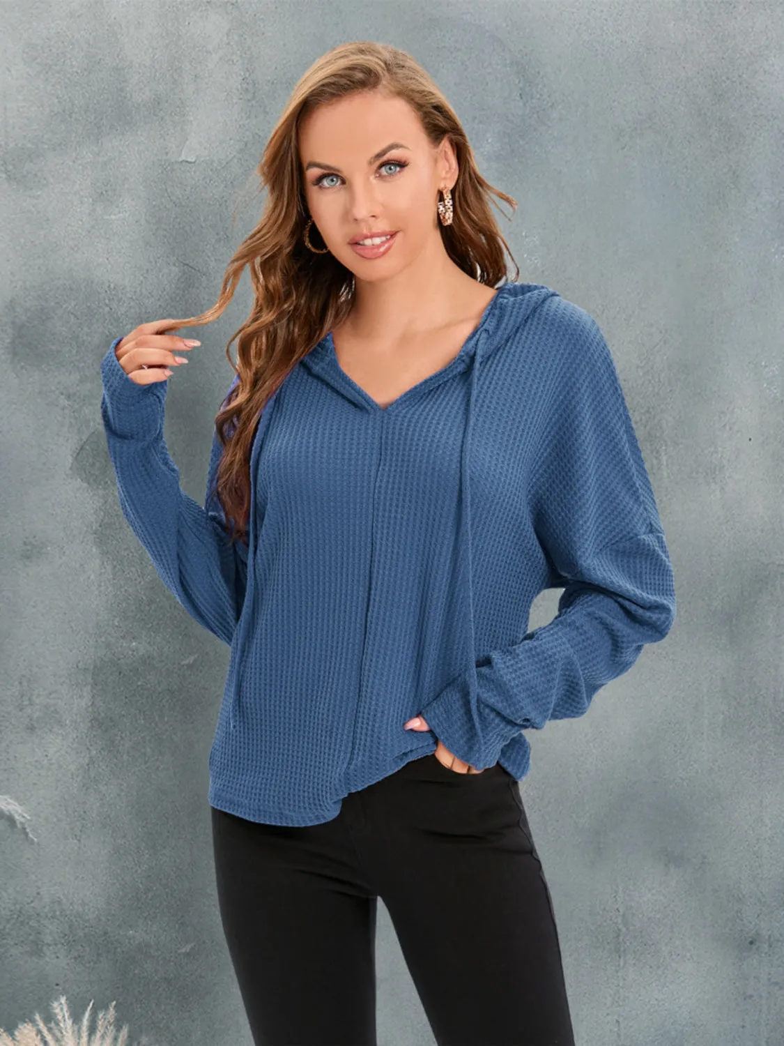 Waffle-Knit Drawstring Drop Shoulder Hoodie sold by Gigi Laurent product image thumbnail 5