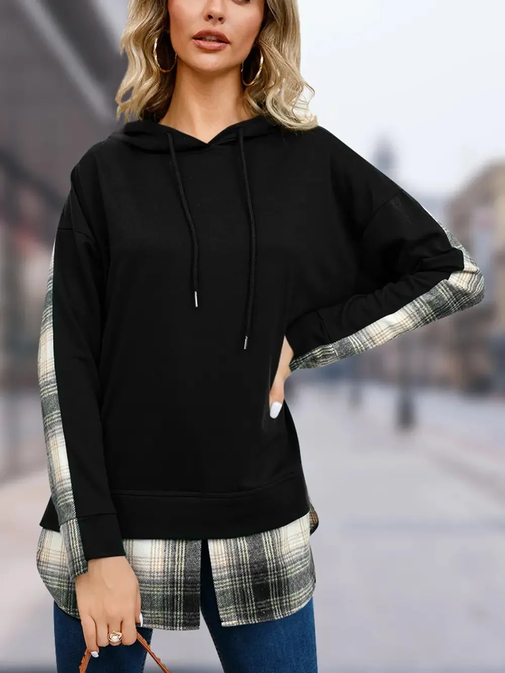 Plaid Drawstring Long Sleeve Slit Hoodie sold by Gigi Laurent product image thumbnail 4