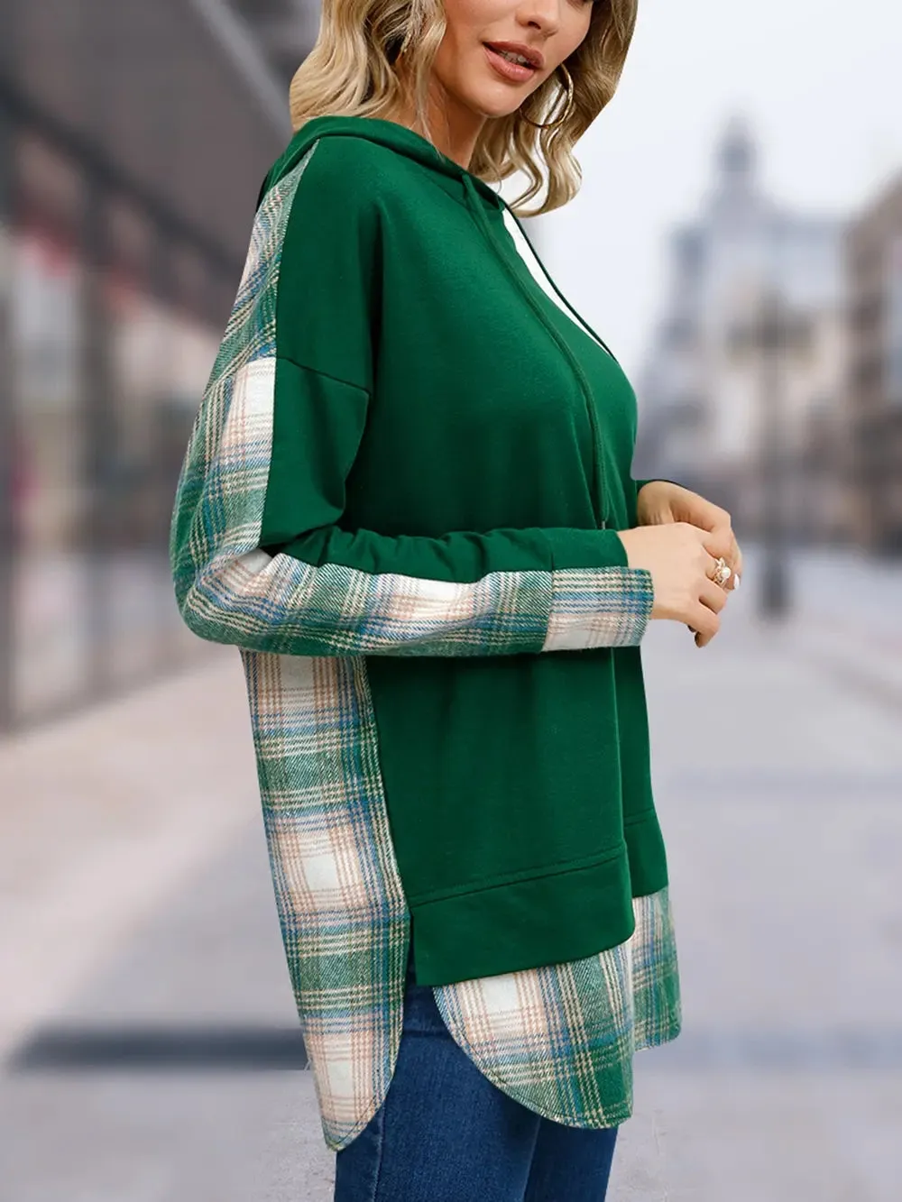 Plaid Drawstring Long Sleeve Slit Hoodie sold by Gigi Laurent product image thumbnail 3