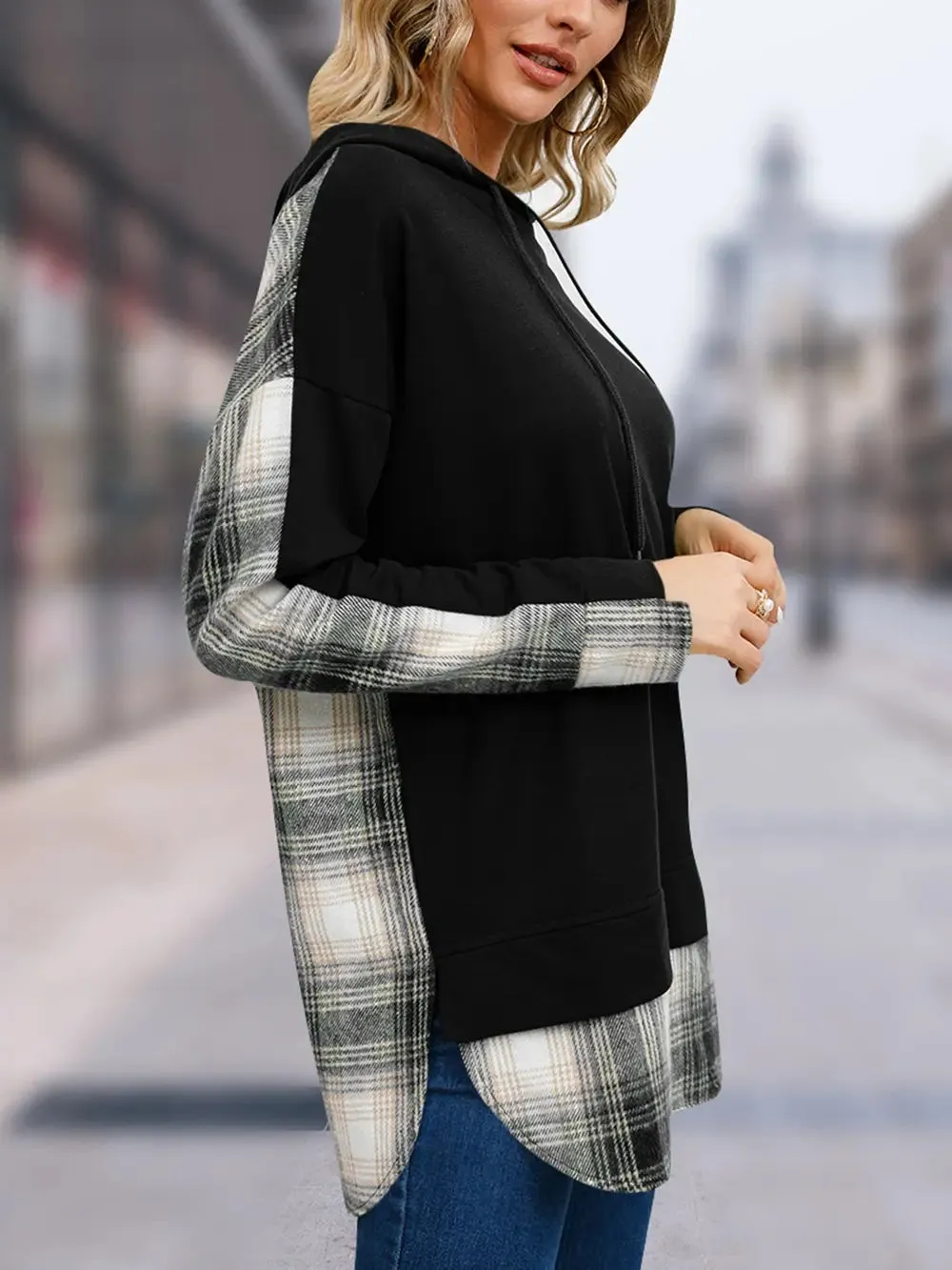 Plaid Drawstring Long Sleeve Slit Hoodie sold by Gigi Laurent product image thumbnail 5