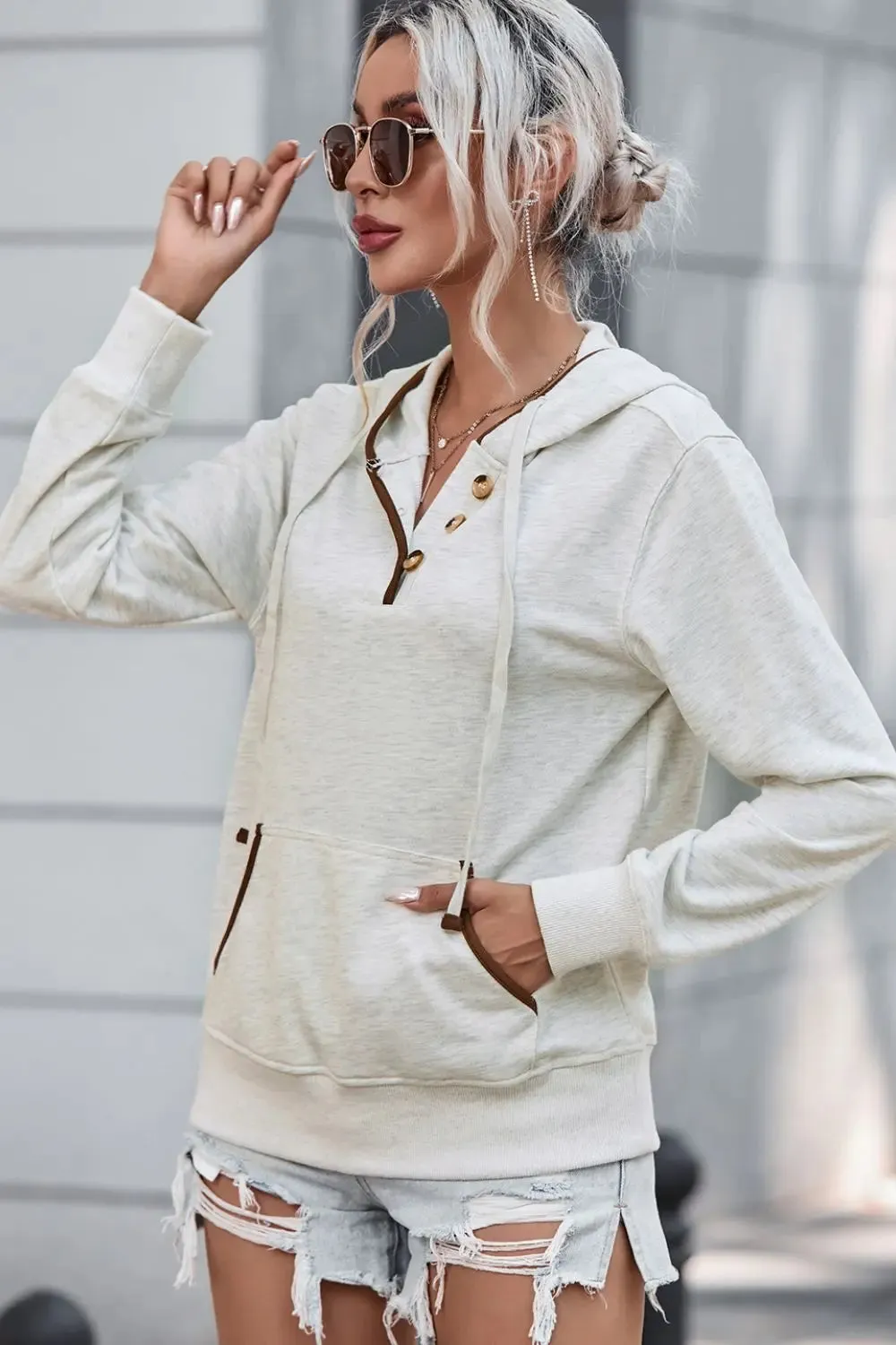 Half Button Drawstring Long Sleeve Hoodie sold by Gigi Laurent