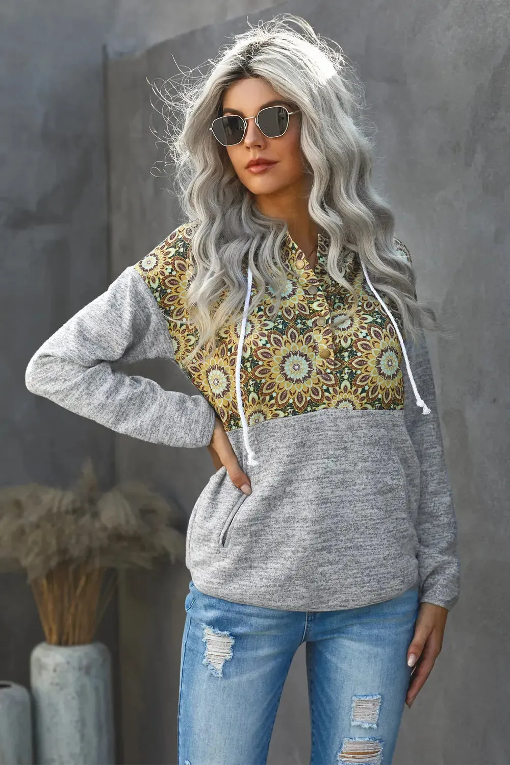 Floral Drawstring Half Snap Hoodie sold by Gigi Laurent product image thumbnail 3