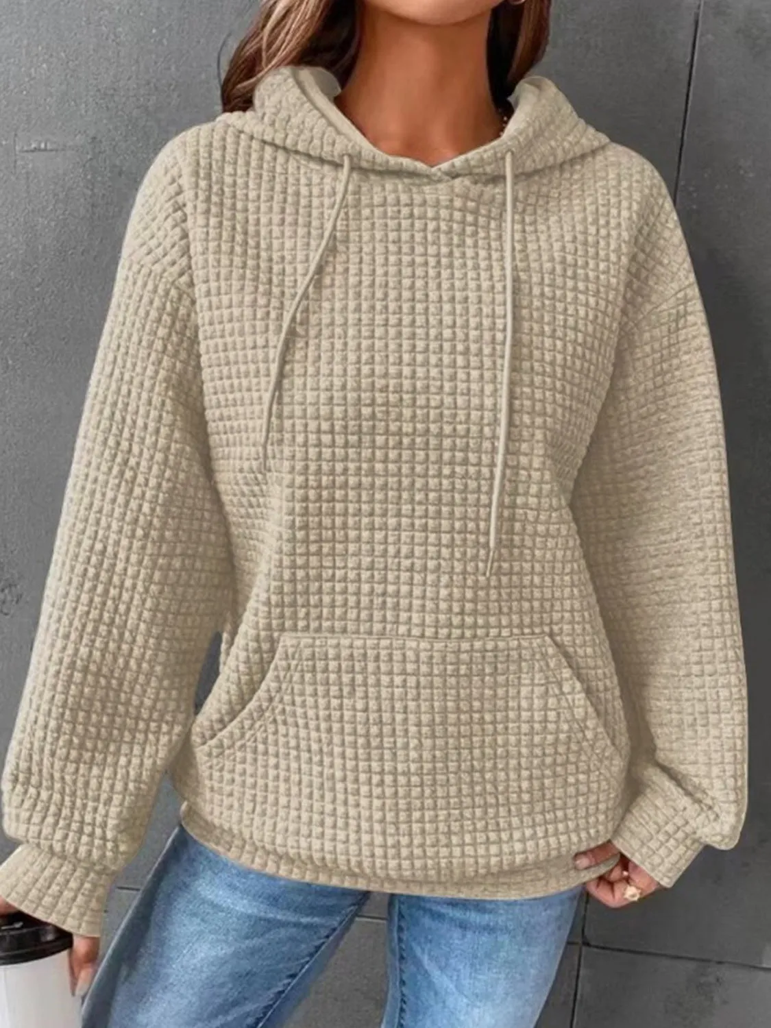 Textured Drawstring Drop Shoulder Hoodie sold by Gigi Laurent