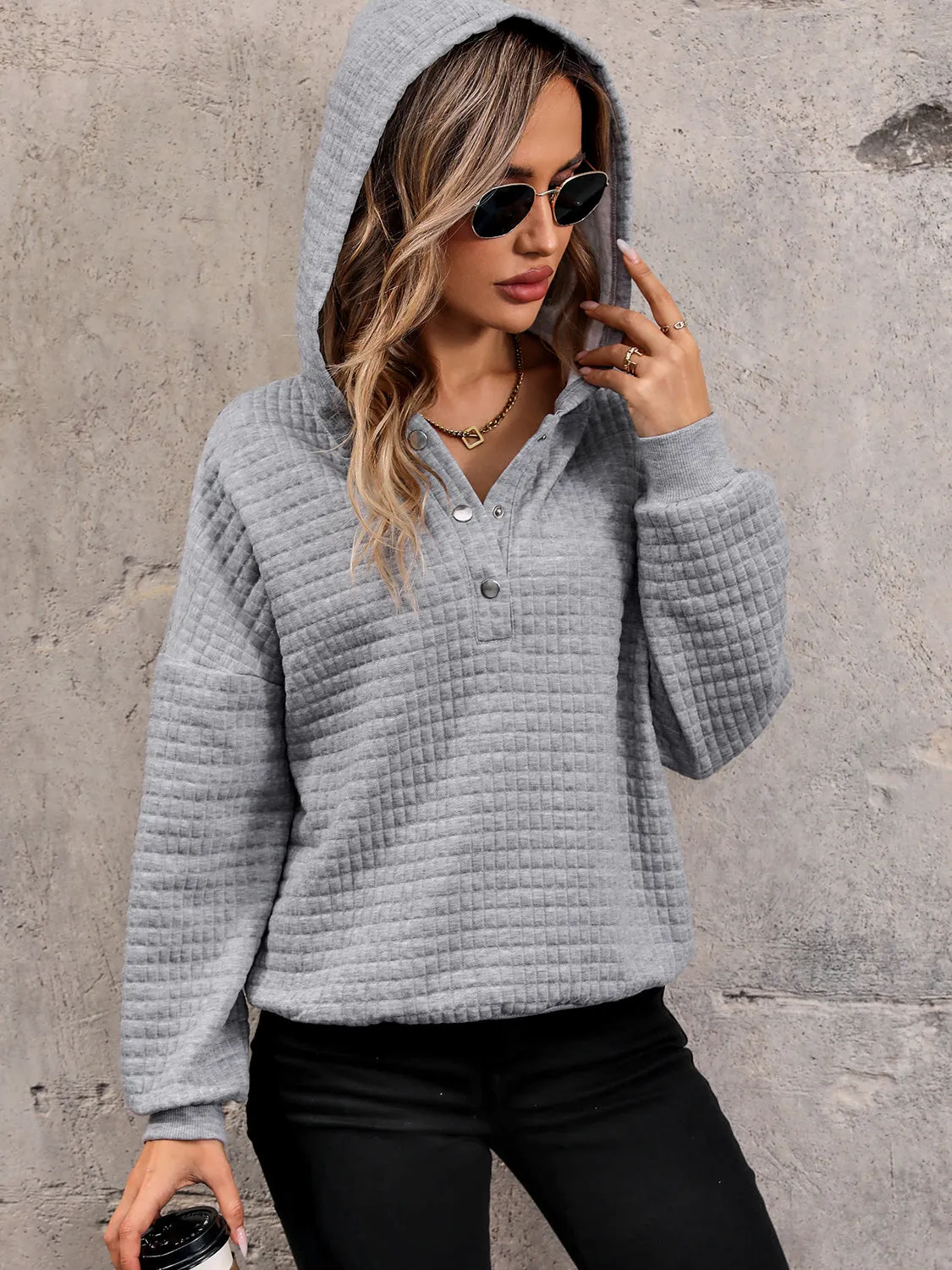 Perfee Waffle-Knit Half Button Hoodie sold by Gigi Laurent