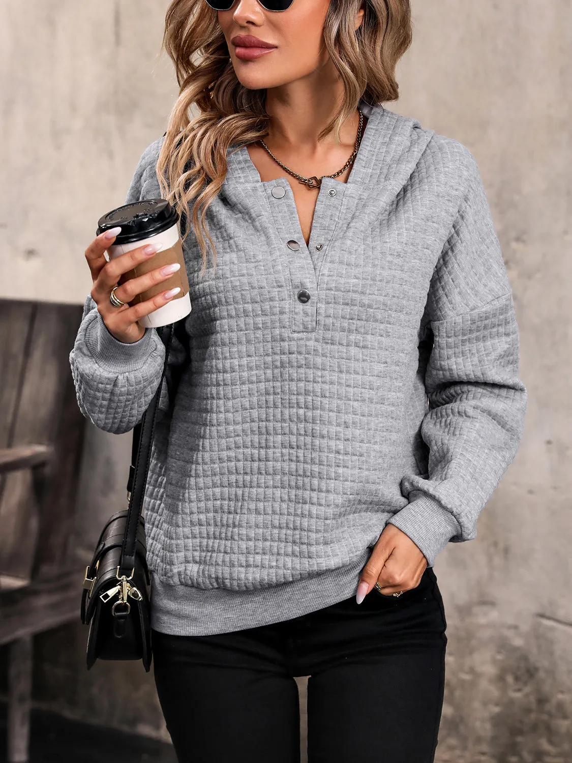 Perfee Waffle-Knit Half Button Hoodie sold by Gigi Laurent product image thumbnail 3