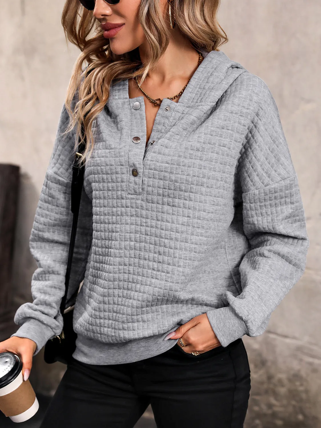 Perfee Waffle-Knit Half Button Hoodie sold by Gigi Laurent product image thumbnail 5